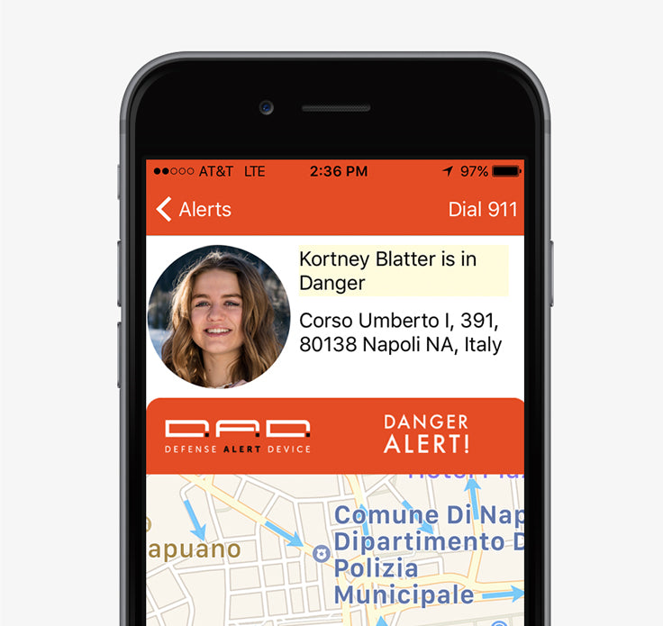 This shows the advanced D.A.D. Danger alert that is sent out via text, email and app to anyone in the senders app contacts, anywhere in the world, in real time, giving the location of the sender on Apple Maps or Google Maps.