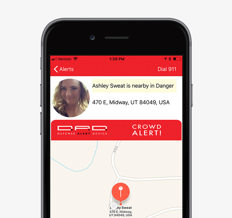 This photo image of a TigerLight D.A.D. Crowd Alert shows the alert the is also sent out at the same time to anyone within a one mile radius who has a D.A.D. app and has it in the default setting with Crowd Alert turned on.