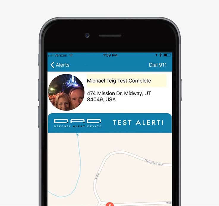 This photo image is of the TigerLight D.A.D. Test Alert.  This alert if for setting up the app and locking on to the D.A.D. UUID to insure that only a D.A.D. can activate the alert, or to test the alert, anytime, without anyone but you receiving the alert