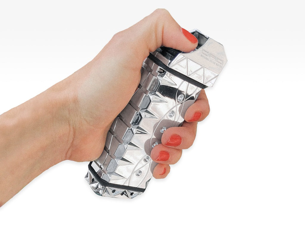 This self defense device is designed with attack dynamics in mins. Even without gripping the device, it remains in the perfect position to enable a split second response to a sudden attack by simply squeezing the thumb to operate light, alert and spray.